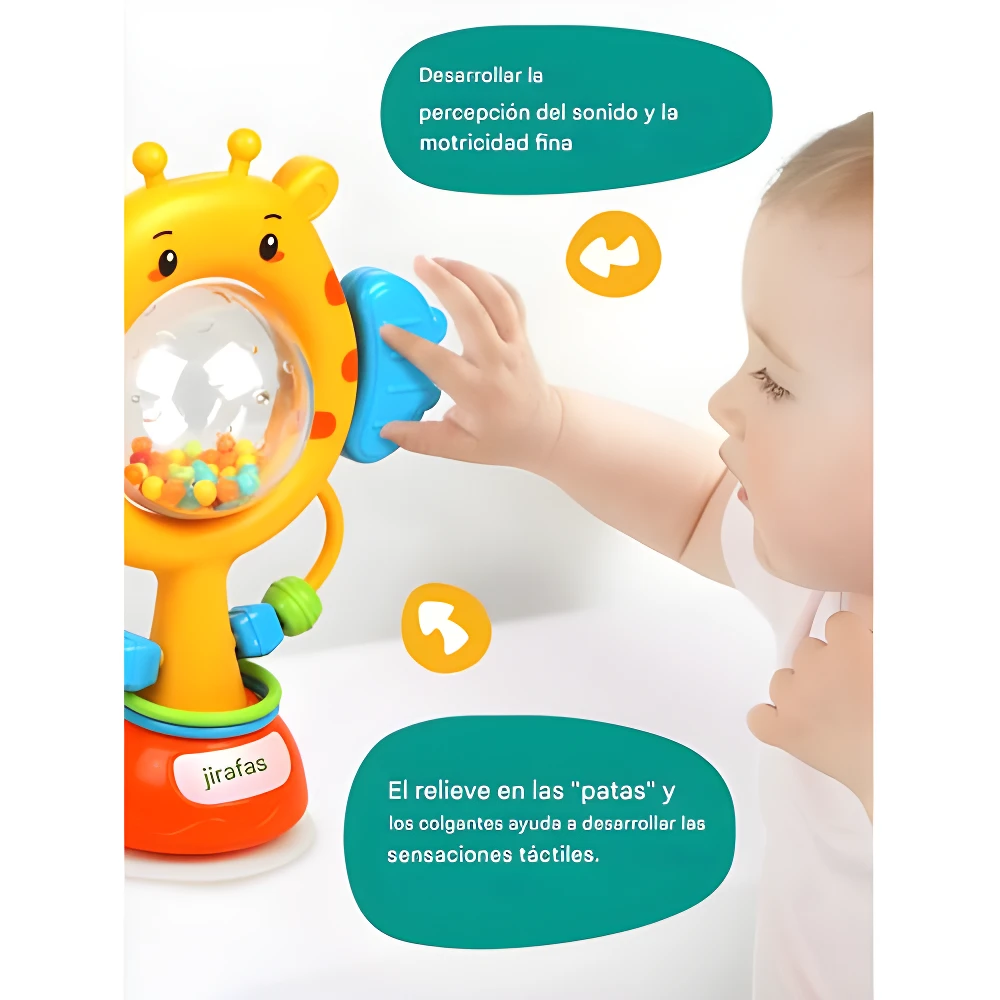 Sonajero de jirafa amarillo para bebé, con partes táctiles y cascabel interno, ideal para desarrollo sensorial y motricidad fina.