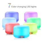 Difusores de aromas ultrasónicos 500 ml en múltiples colores LED vibrantes y cambiantes, con control remoto visible.
