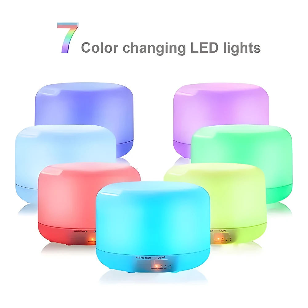Difusores de aromas ultrasónicos 500 ml en múltiples colores LED vibrantes y cambiantes, con control remoto visible.