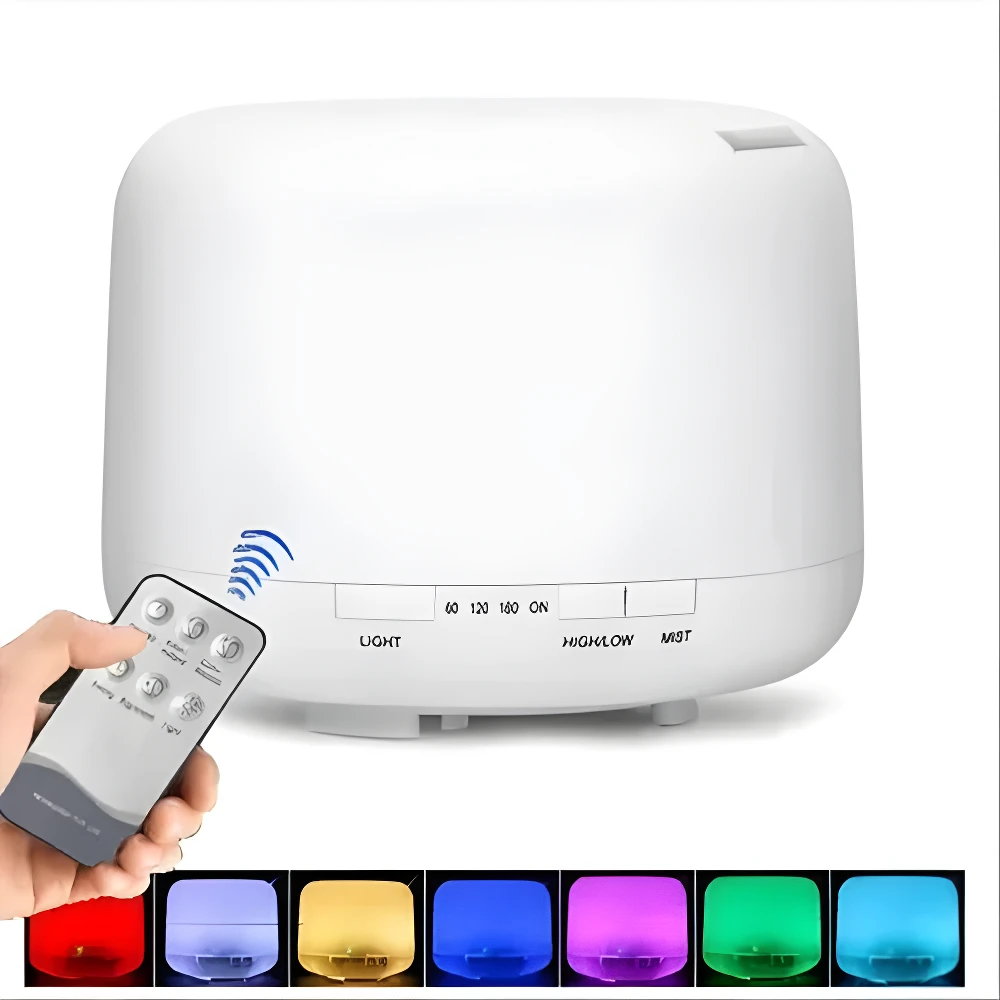 Difusor de aromas ultrasónico blanco 500 ml con control remoto y luces LED de colores.