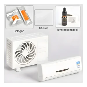 Mini difusor de aroma solar para auto con 2 sobres de colonia, adhesivo y aceite esencial.