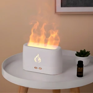 Difusor de aroma blanco con efecto llama, ideal para relajación y mejorar el aire.
