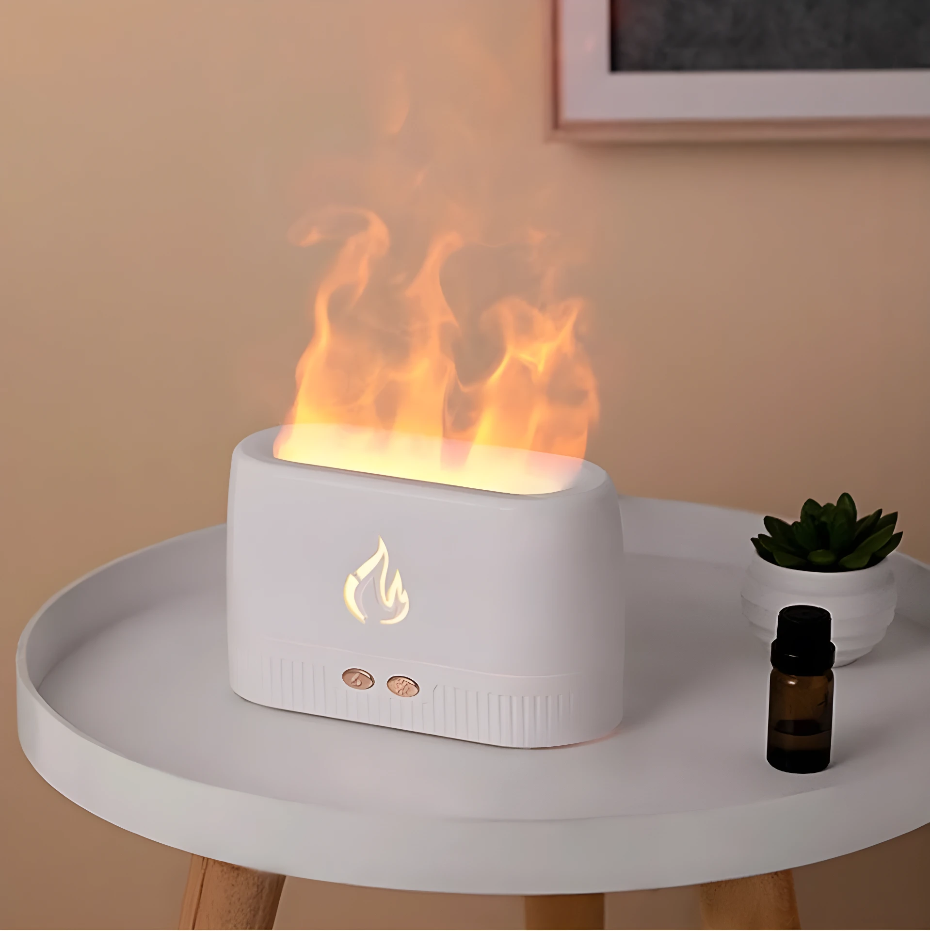 Difusor de aroma blanco con efecto llama, ideal para relajación y mejorar el aire.