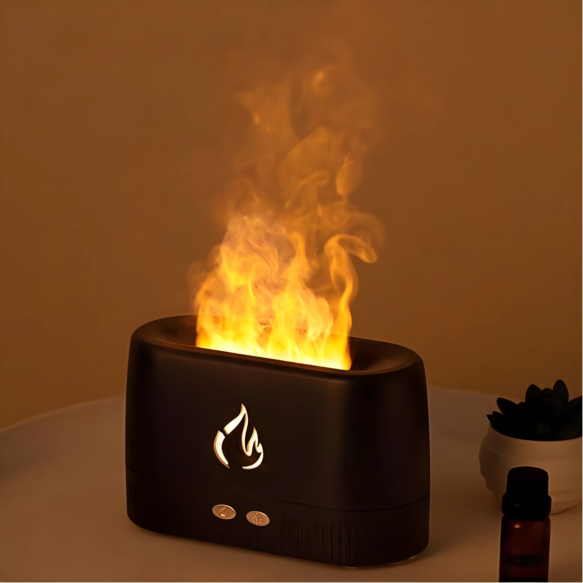 Difusor humificador con efecto llama, diseño negro moderno, simula fuego y libera aroma.