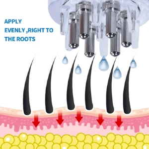 Dispensador aplicador capilar con gotas cayendo sobre raíces de cabello y capas de piel.