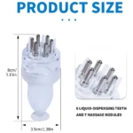 Dispensador aplicador capilar transparente con 6 puntas dispensadoras y 7 masajeadoras. Medidas: 8cm alto, 3.5cm ancho.