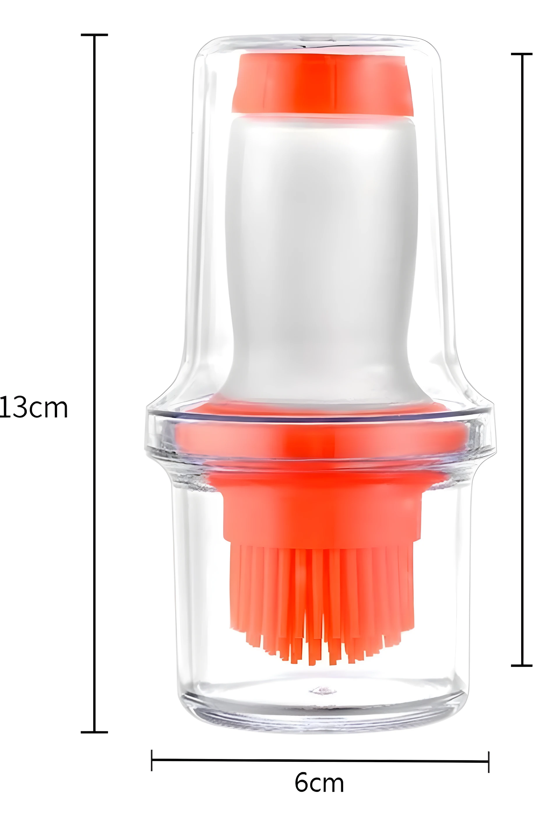 Dispensador de aceite transparente con brocha naranja para cocina, 13cm alto x 6cm ancho.