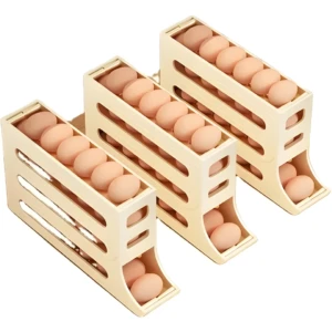 Set x2 dispensadores de huevos beige para refrigerador, con diseño inclinado y capacidad para varios huevos.