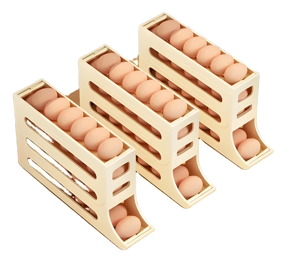 Set x2 dispensadores de huevos beige para refrigerador, con diseño inclinado y capacidad para varios huevos.