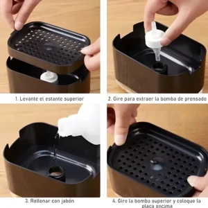 Dispensador de jabón para cocina, color negro, con bandeja superior y recipiente inferior para rellenar y organizar.