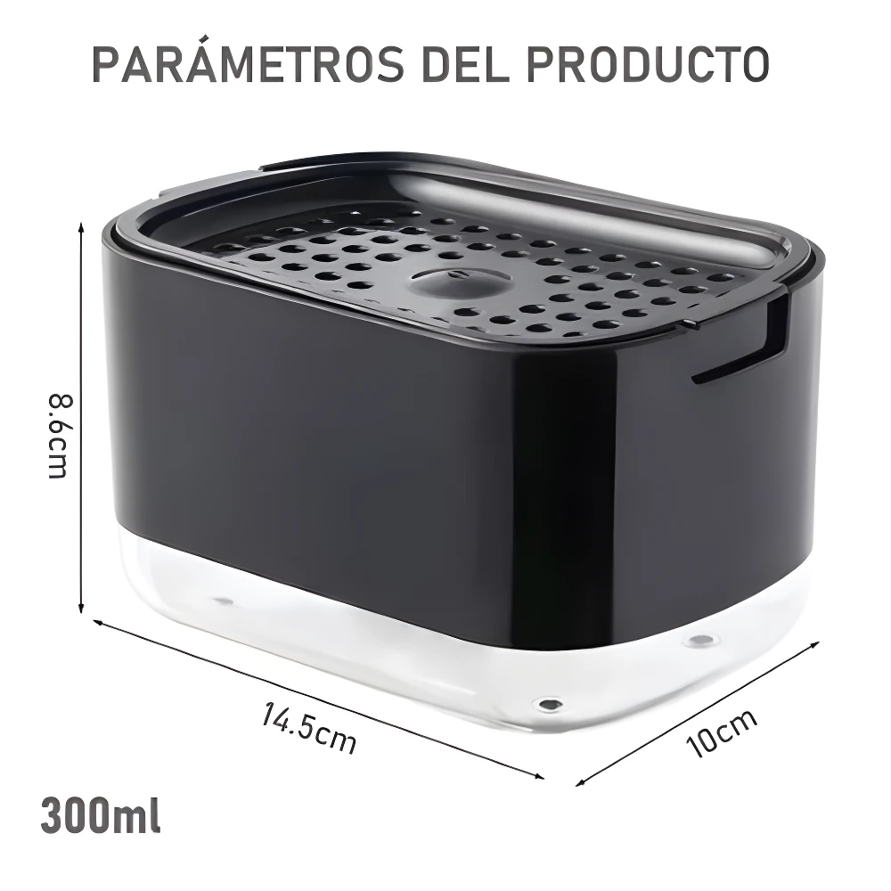 Dispensador de jabón para cocina 2 en 1, negro y transparente. Dimensiones: 14.5cm x 10cm x 8.6cm, capacidad 300ml.