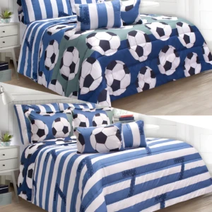 Edredón doble faz infantil fútbol azul y blanco con balones y rayas, ideal para cama doble.
