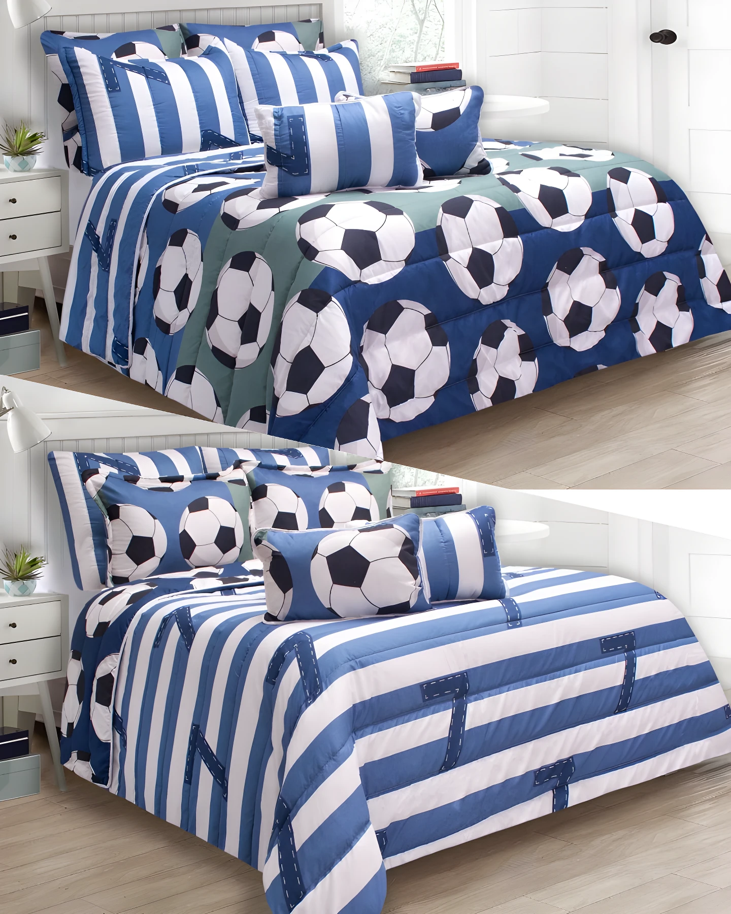 Edredón doble faz infantil fútbol azul y blanco con balones y rayas, ideal para cama doble.