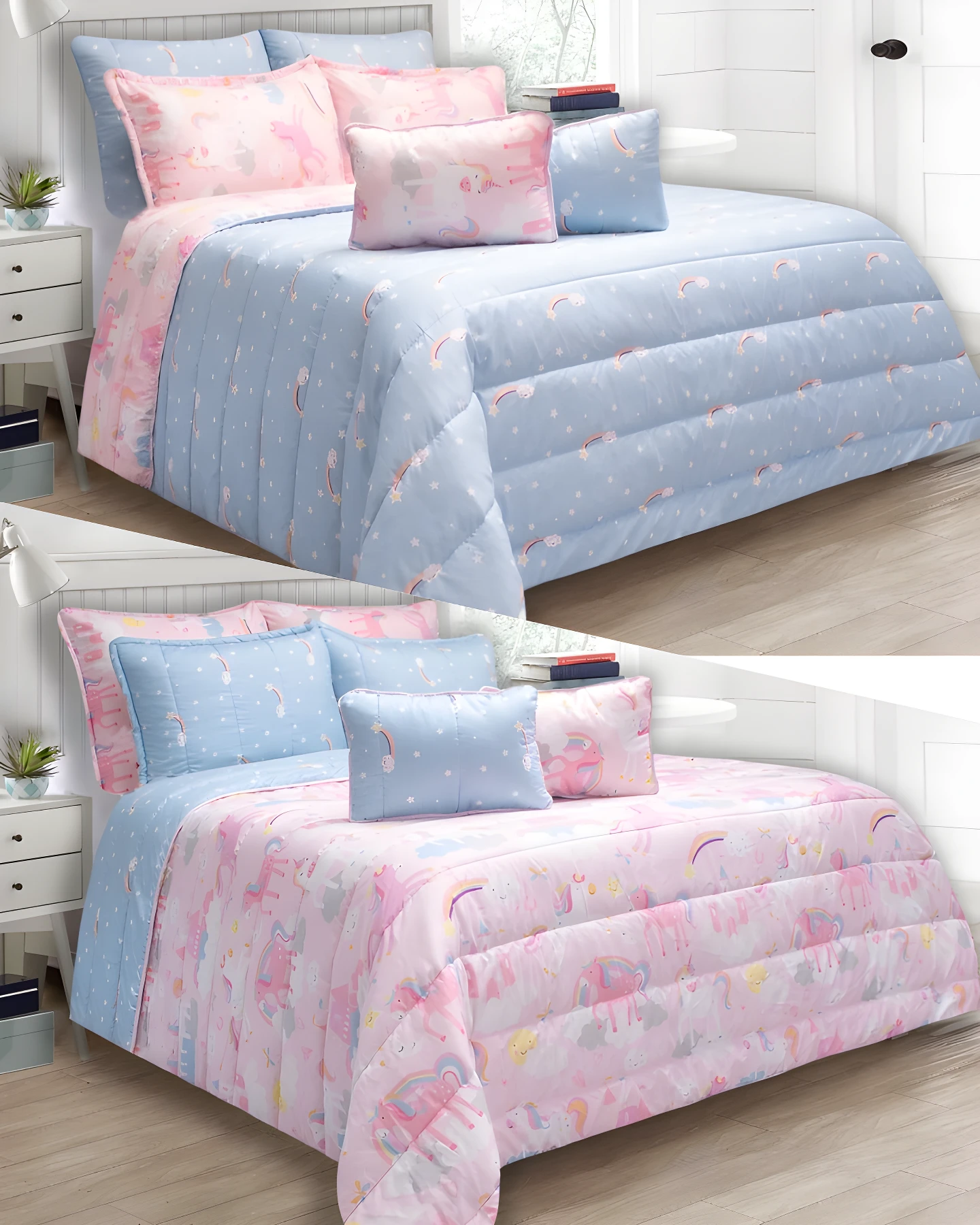 Edredón infantil doble faz con diseño de unicornios y arcoíris en tonos pastel, sobre camas vestidas.