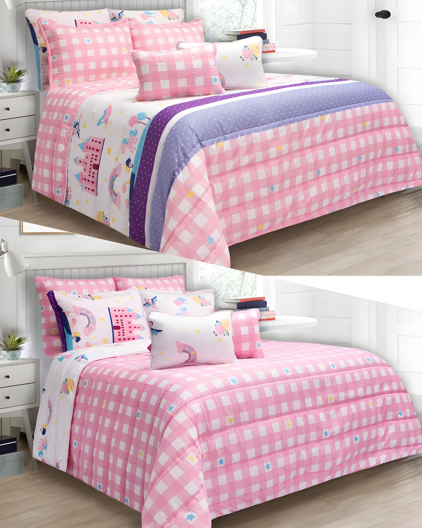 Edredón infantil doble faz rosado a cuadros con diseño de castillo, unicornio y arcoíris.