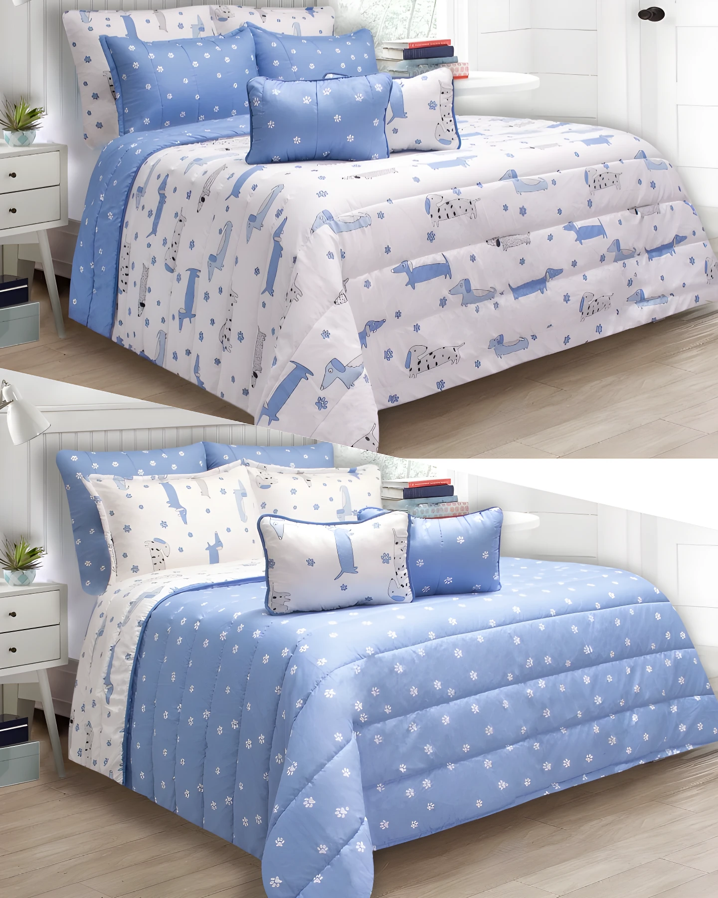 Edredón infantil doble faz con perros salchicha y huellas, azul y blanco.