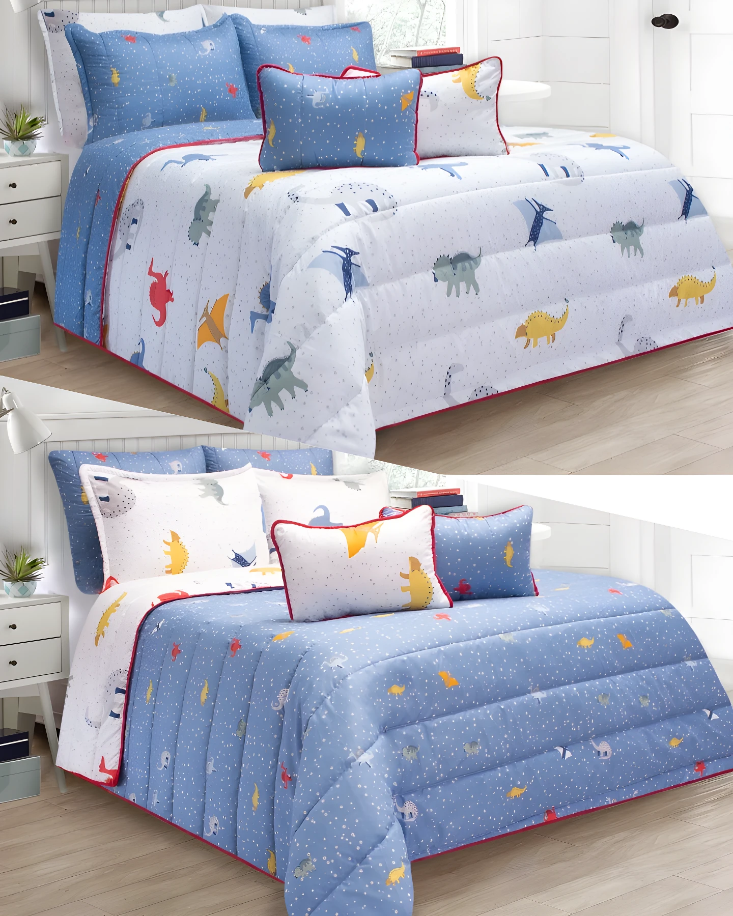 Edredón infantil doble faz con dinosaurios, azul y blanco, con cojines decorativos.