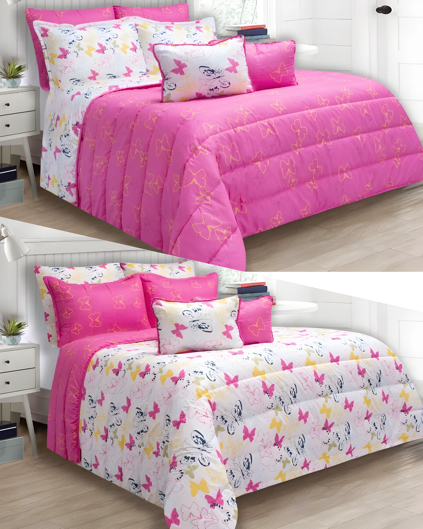 Edredón infantil doble faz rosa con mariposas doradas y otro lado con mariposas de colores sobre fondo blanco.