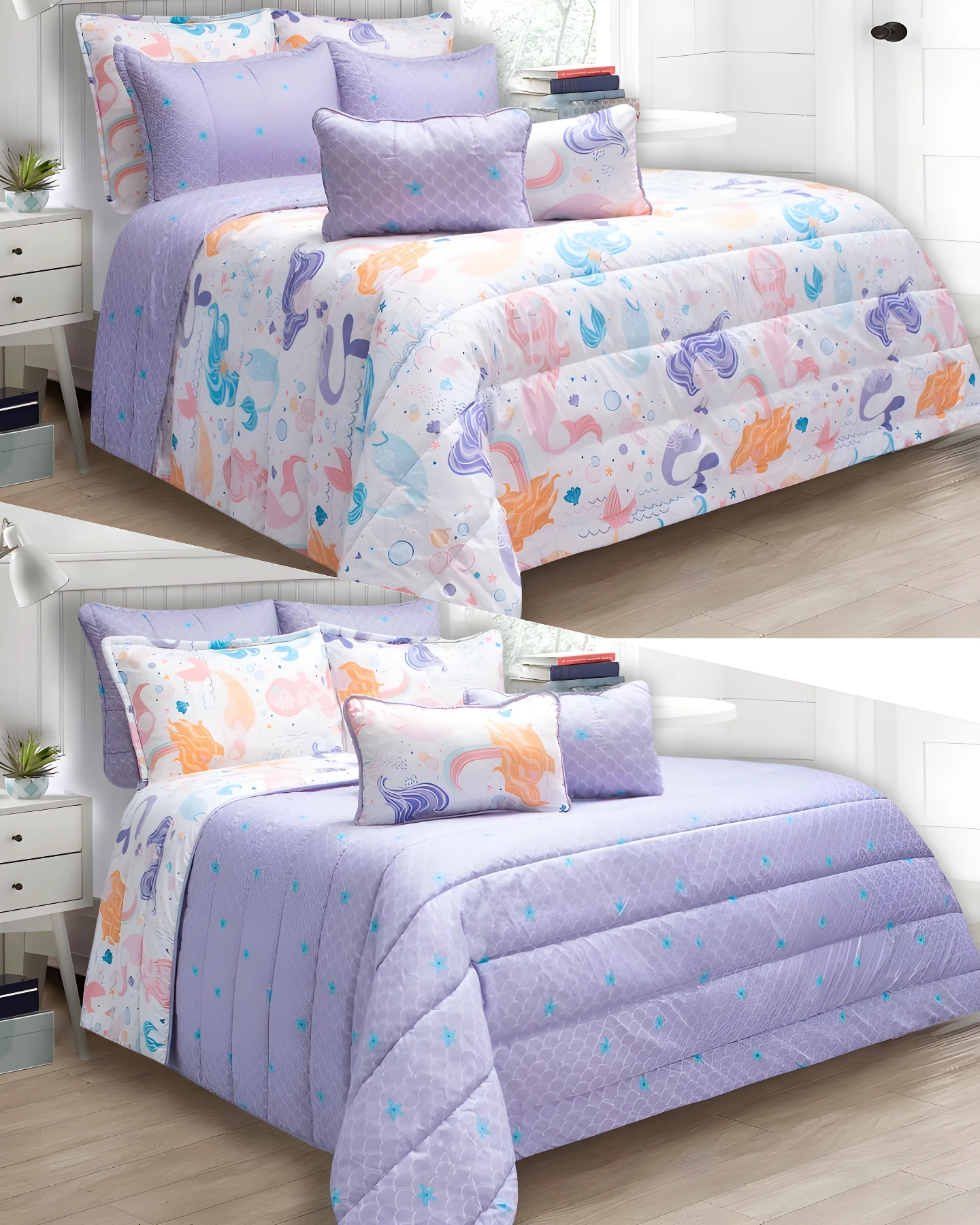 Edredón infantil doble faz con sirenas y peces, un lado blanco estampado y otro morado acolchado.