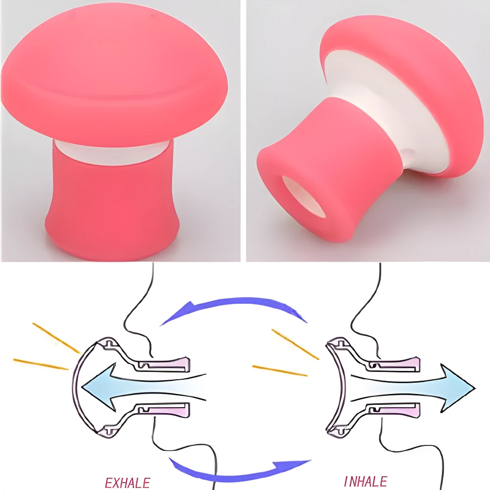 Ejercitador facial rosa tipo hongo para tonificar piel y músculos, con diagrama de uso para inhalar y exhalar.