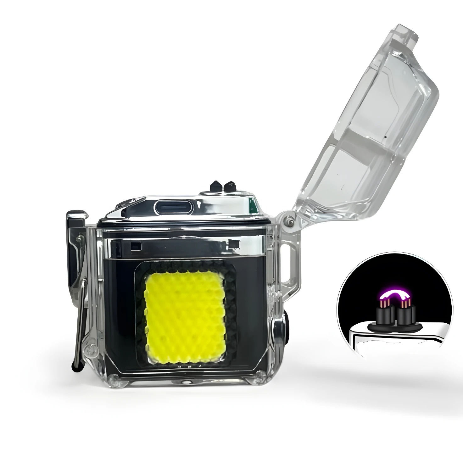 Encendedor de plasma táctico con linterna LED brillante en estuche transparente resistente al agua.