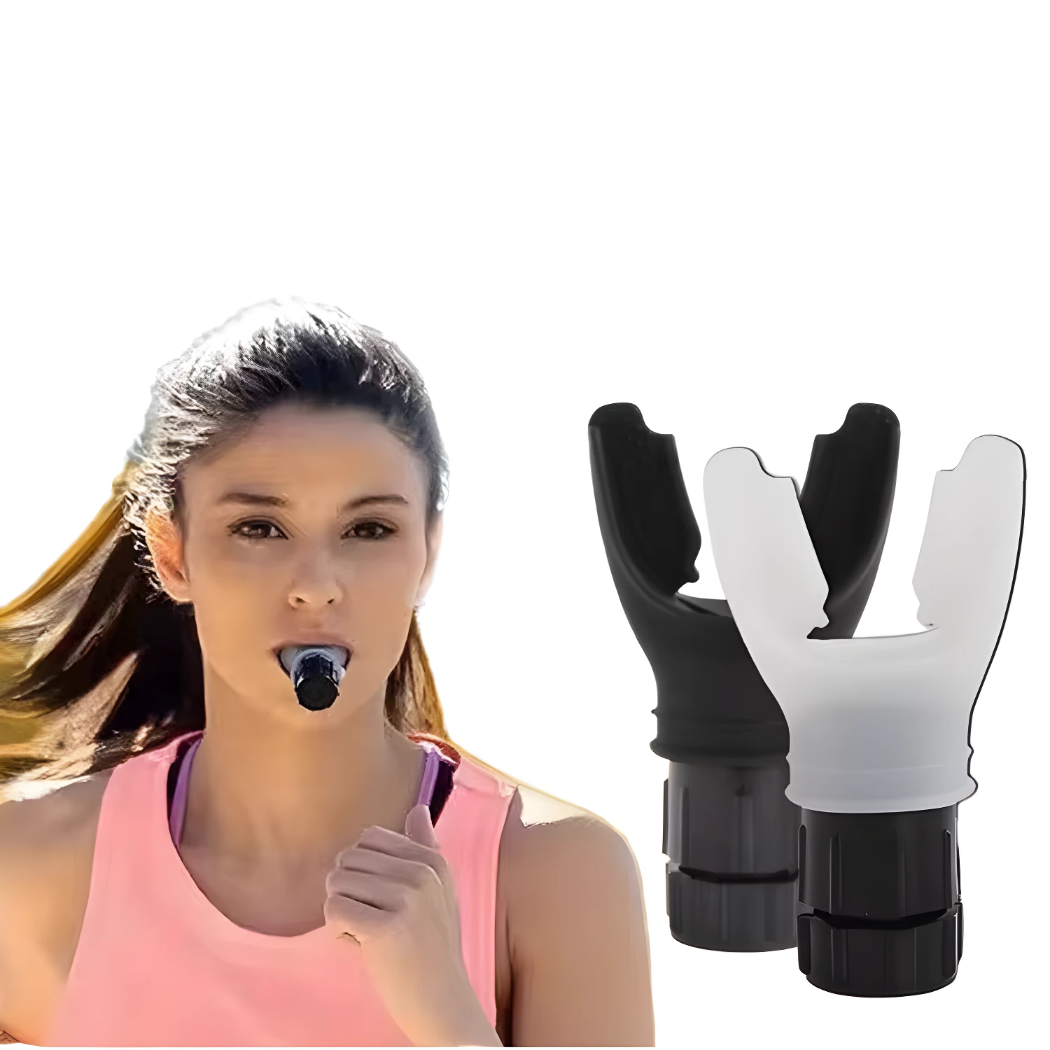 Mujer corriendo con entrenador pulmonar negro en boca, al lado 2 dispositivos respiratorios (negro y blanco).