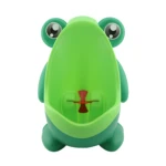 Orinal infantil verde en forma de sapo con ojos grandes y detalles rojos.