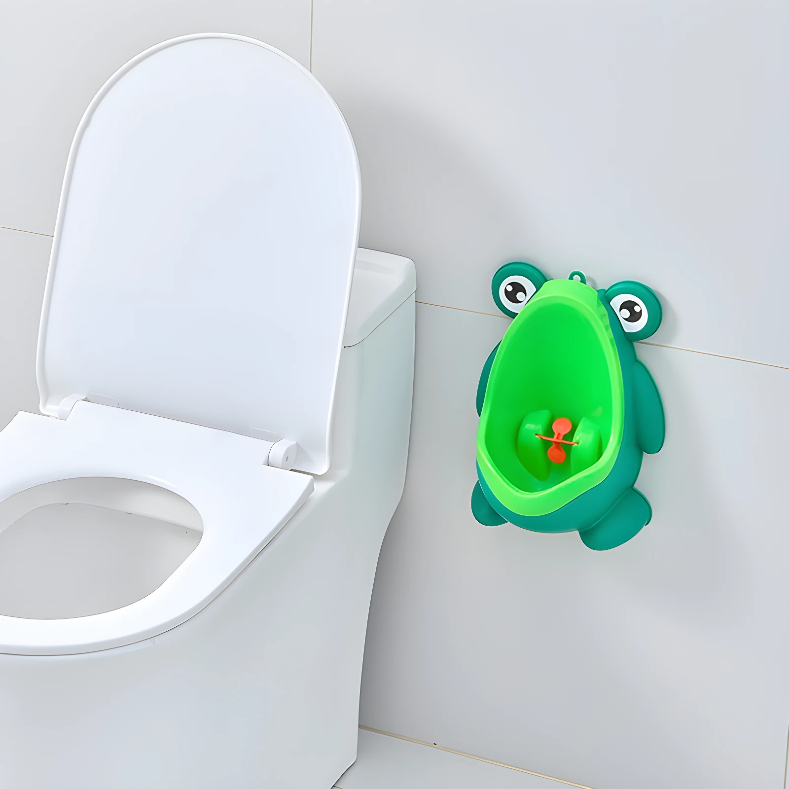 Orinal infantil con forma de sapito verde, con hélices naranjas, al lado de un inodoro blanco en un baño.