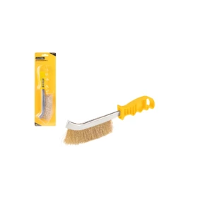 Cepillo de alambre con mango amarillo para limpieza, empacado con otro cepillo metálico curvo.