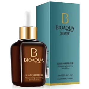 Suero facial BIOAQUA en frasco ámbar con gotero dorado, caja azul turquesa, 30ml.