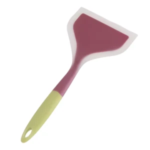 Espátula de silicona para cocina, color fucsia y verde lima, con borde blanco protector, ideal para sartenes.