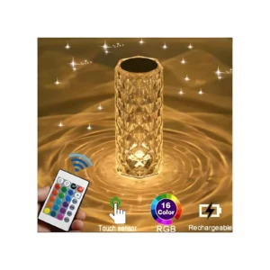 Lámpara LED de cristal facetado multicolor, táctil y recargable, con control remoto.