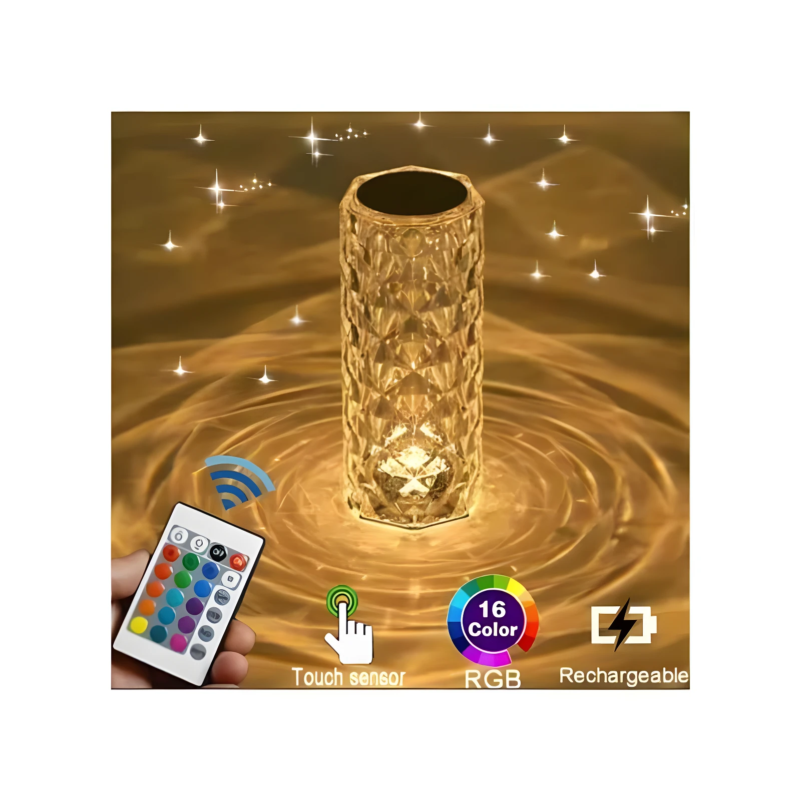 Lámpara LED de cristal facetado multicolor, táctil y recargable, con control remoto.