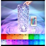Lámpara LED de cristal facetado multicolor, tacto sensible y control remoto.