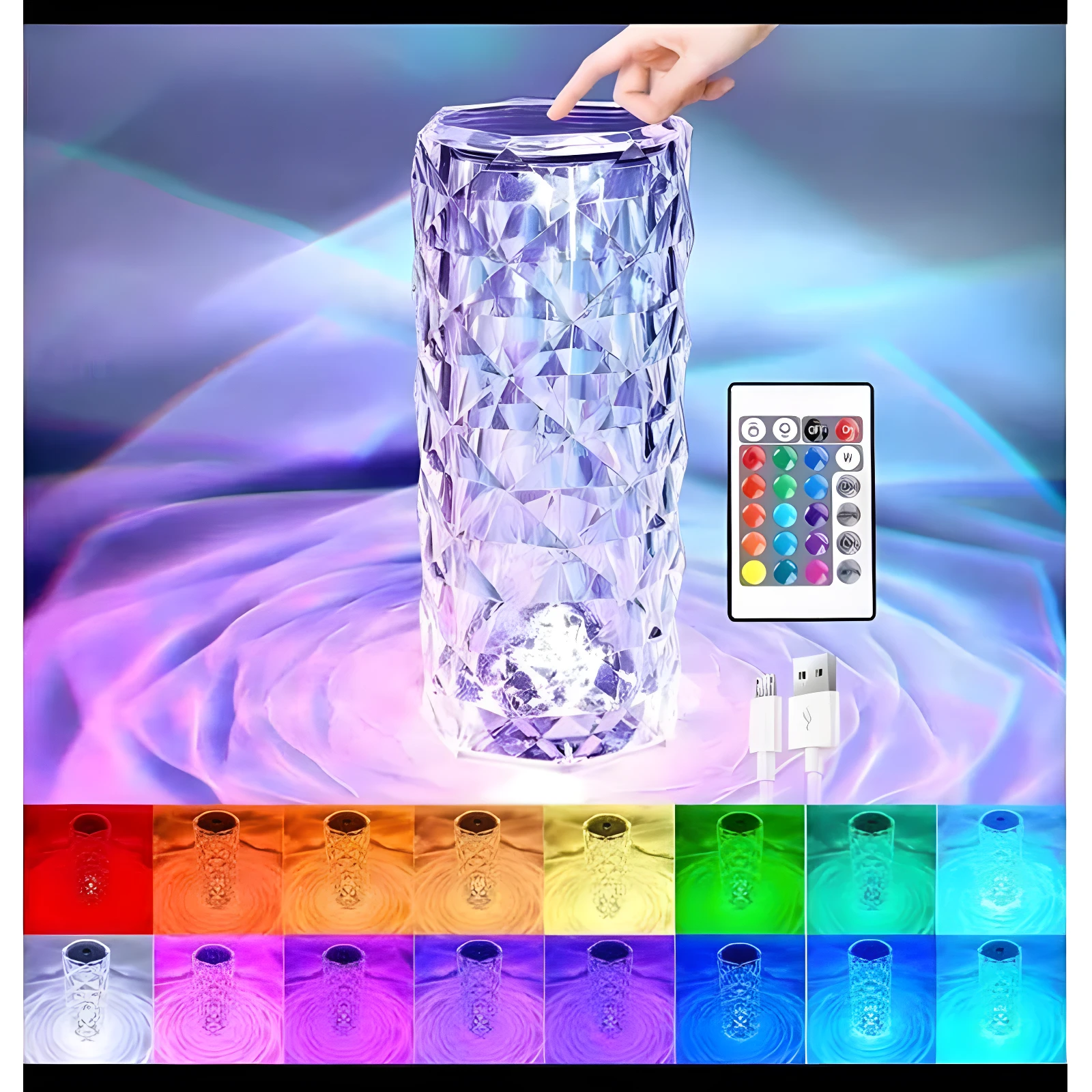 Lámpara LED de cristal facetado multicolor, tacto sensible y control remoto.