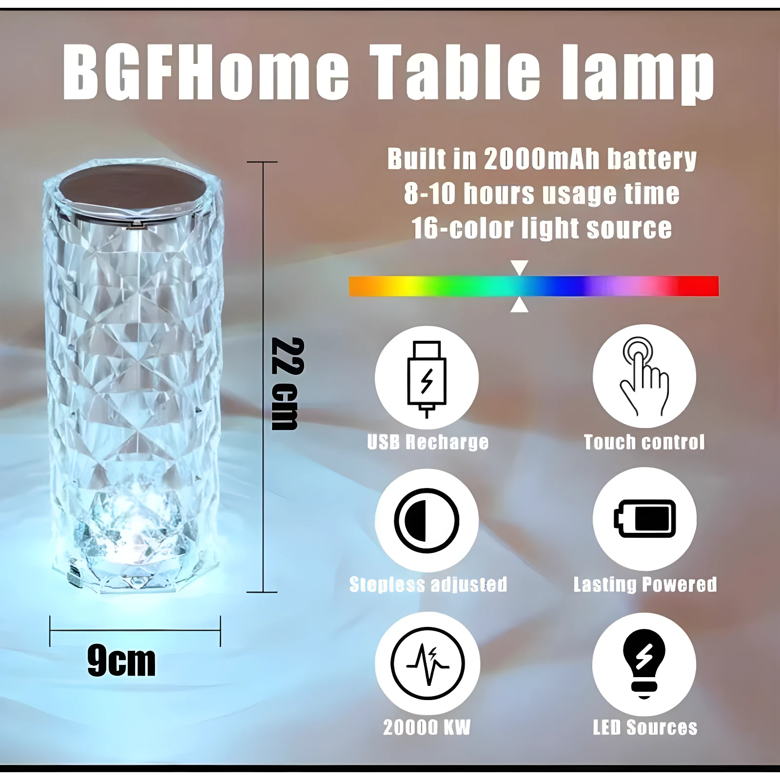 Lámpara LED de cristal facetado multicolor, táctil, recargable USB, 22cm alto, 9cm ancho.