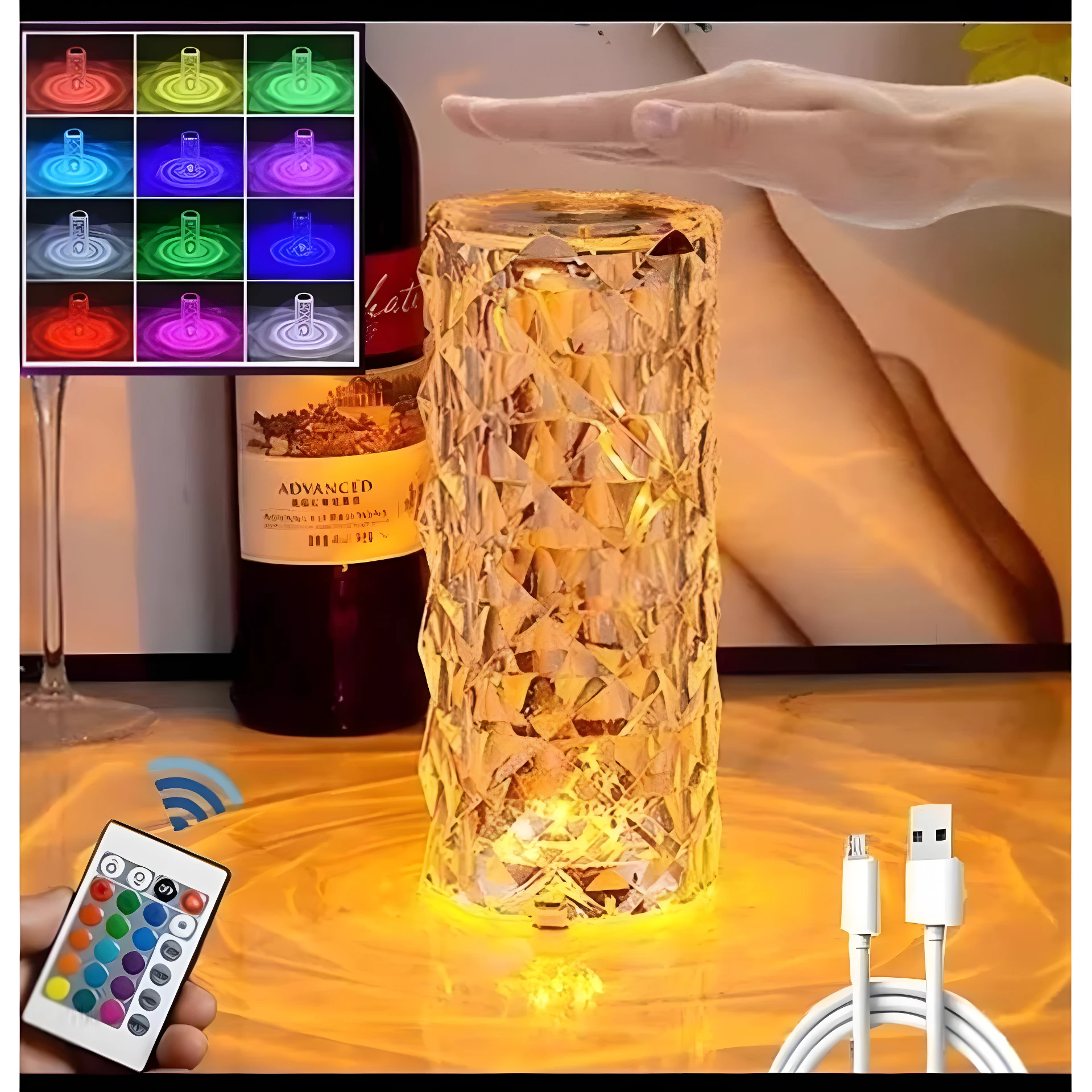 Lámpara led cristalina multicolor táctil con control remoto y cable USB.