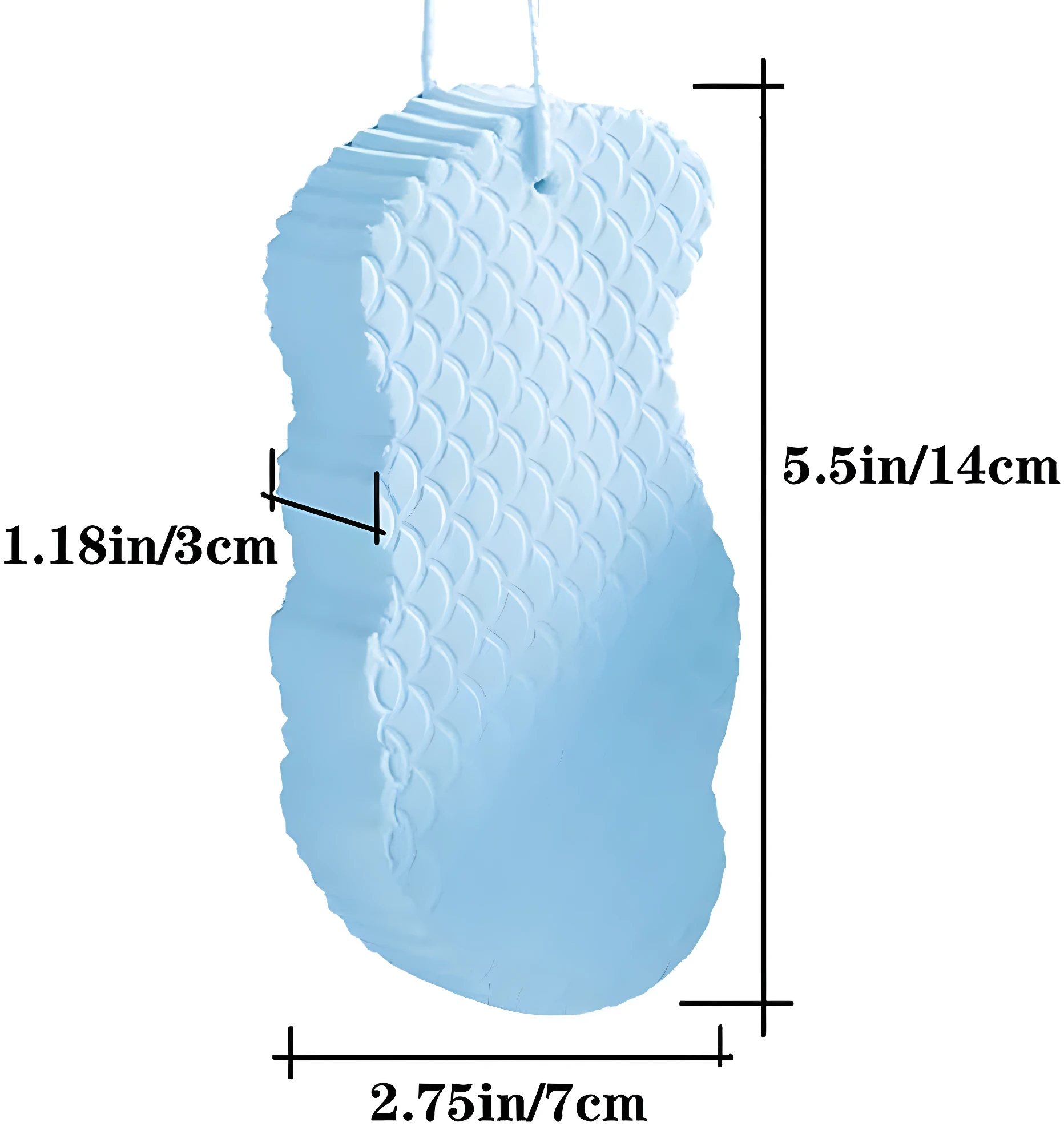 Esponja exfoliante azul 3D con textura escamas de pez, medidas 14x7x3cm.