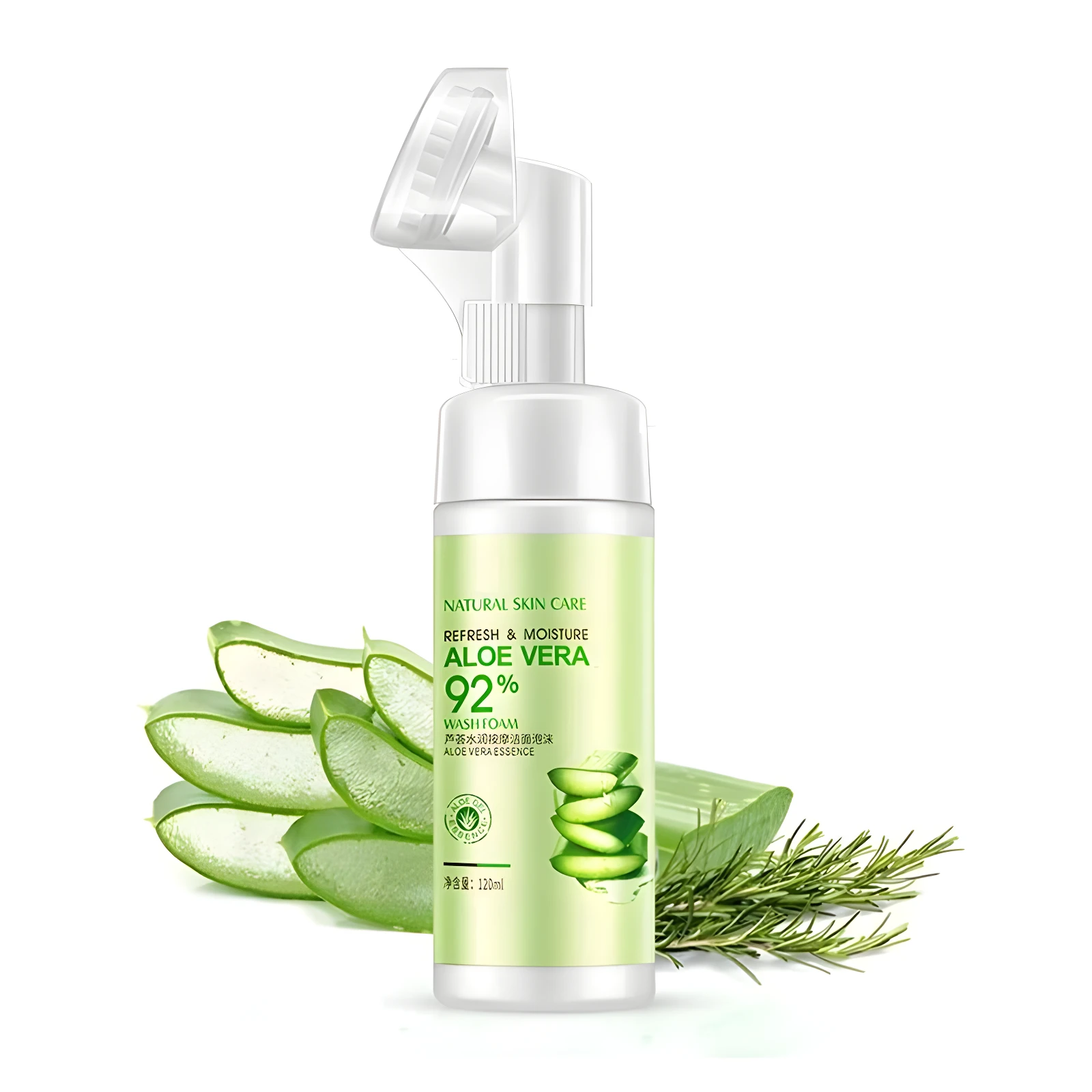 Espuma facial refrescante y humectante 92% Aloe Vera, en botella con dispensador y cepillo, junto a rodajas de aloe y romero.