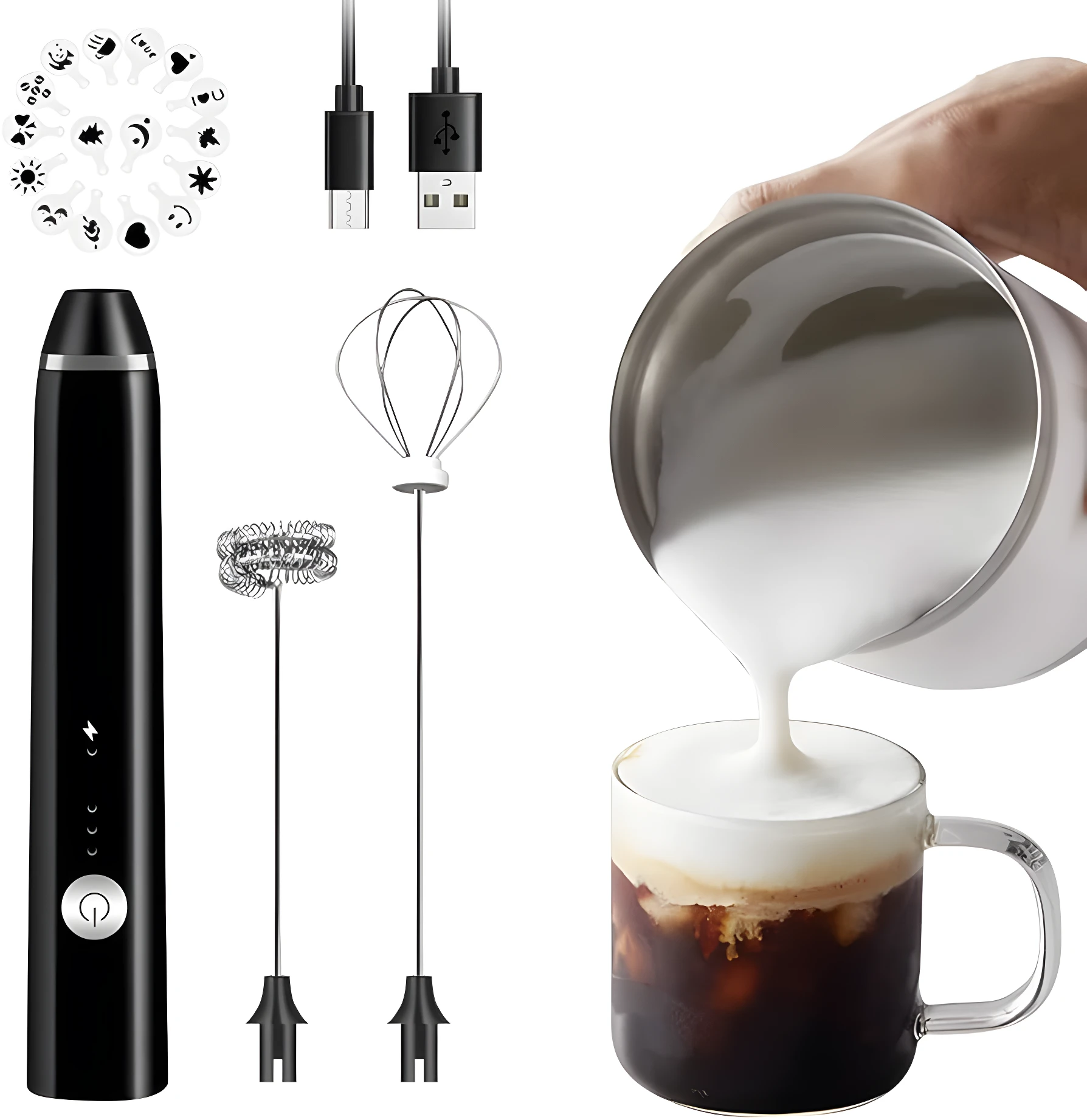 Espumadora y batidora V-25 negra con accesorios, cable USB y plantilla de café.