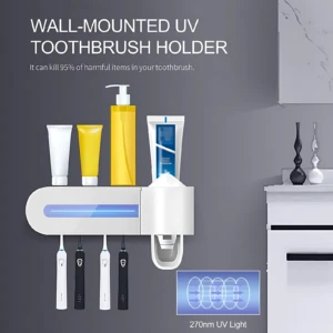 Soporte de cepillos de dientes eléctrico montado en pared con luz UV, organiza y desinfecta 4 cepillos.