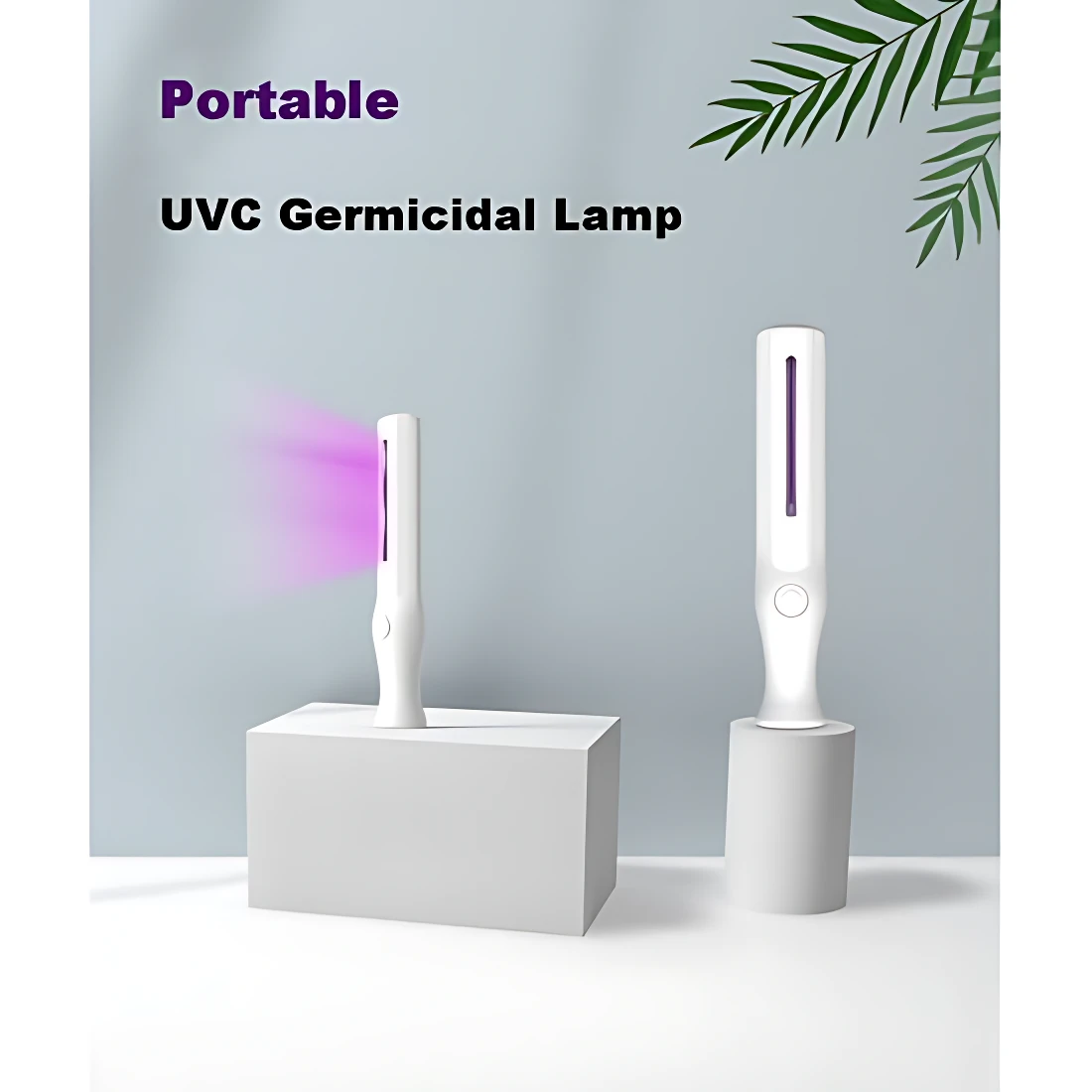 Lámpara esterilizadora portátil UVC germicida blanca, con luz violeta desprendiéndose, ideal para desinfección de superficies.