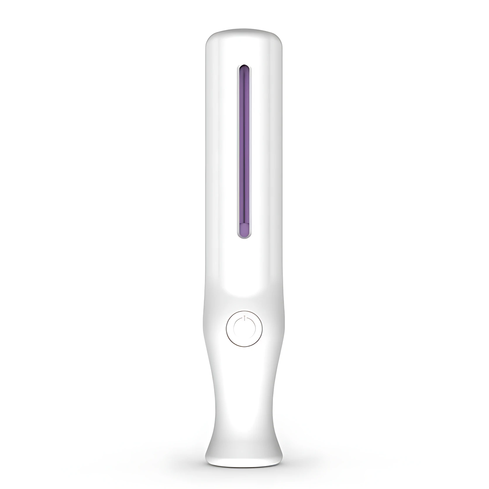Lámpara esterilizadora UVC portátil blanca con barra germicida y botón de encendido.