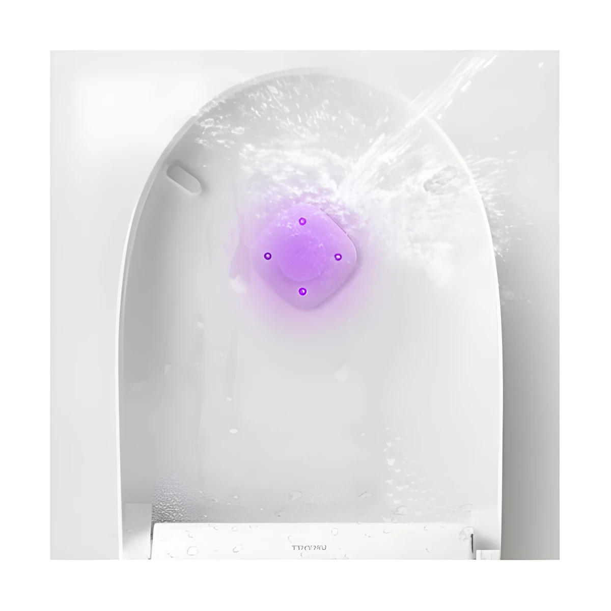 Esterilizador UV para baño, compacto y morado, rociando agua sobre superficie de inodoro blanco.