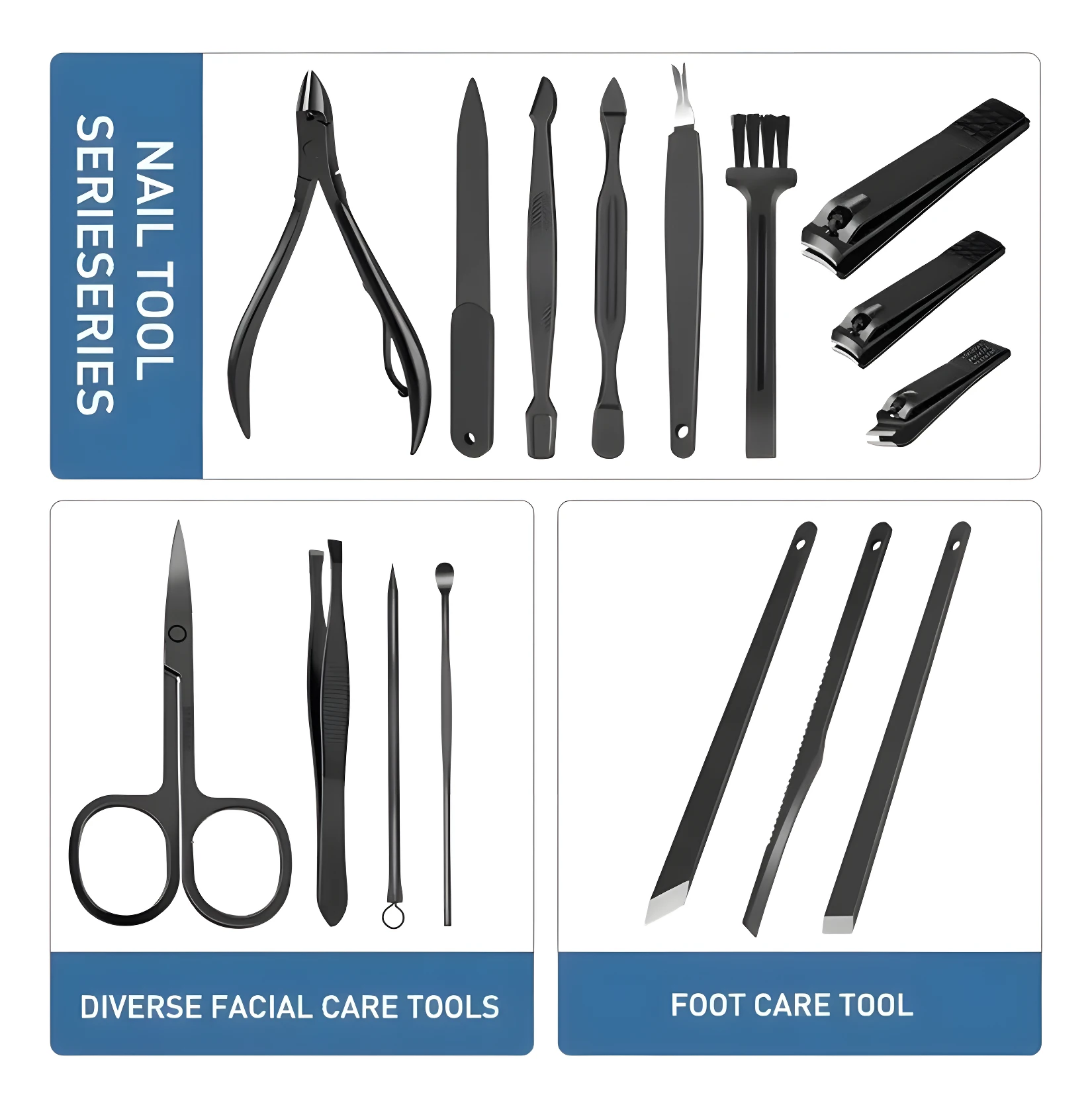 Set de manicure y pedicure de acero inoxidable negro: herramientas para uñas y rostro, y herramientas para pies.