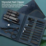 Estuche azul navy de acero inoxidable con 16 piezas para cuidado de manos, pies y rostro.