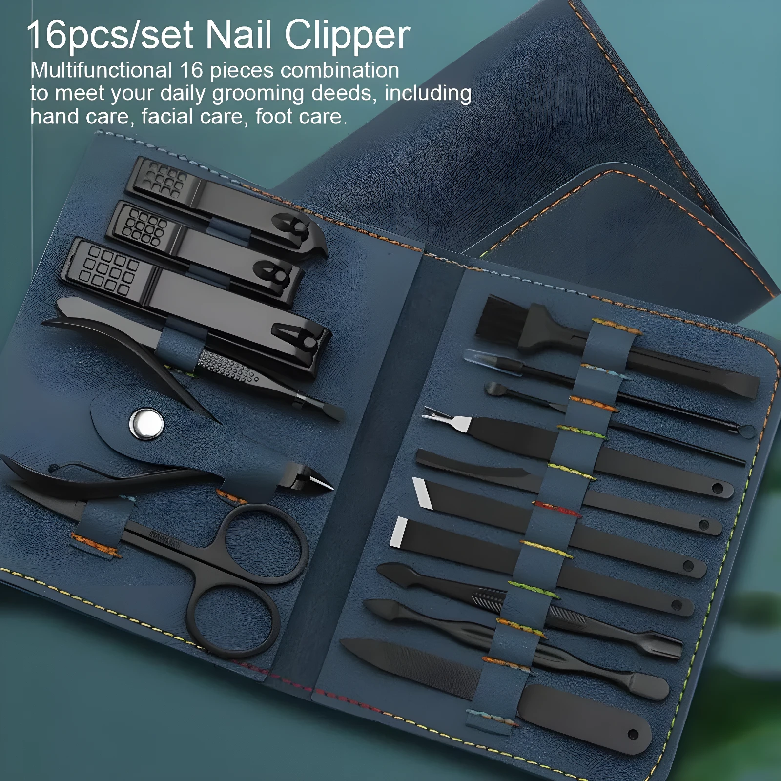 Estuche azul navy de acero inoxidable con 16 piezas para cuidado de manos, pies y rostro.
