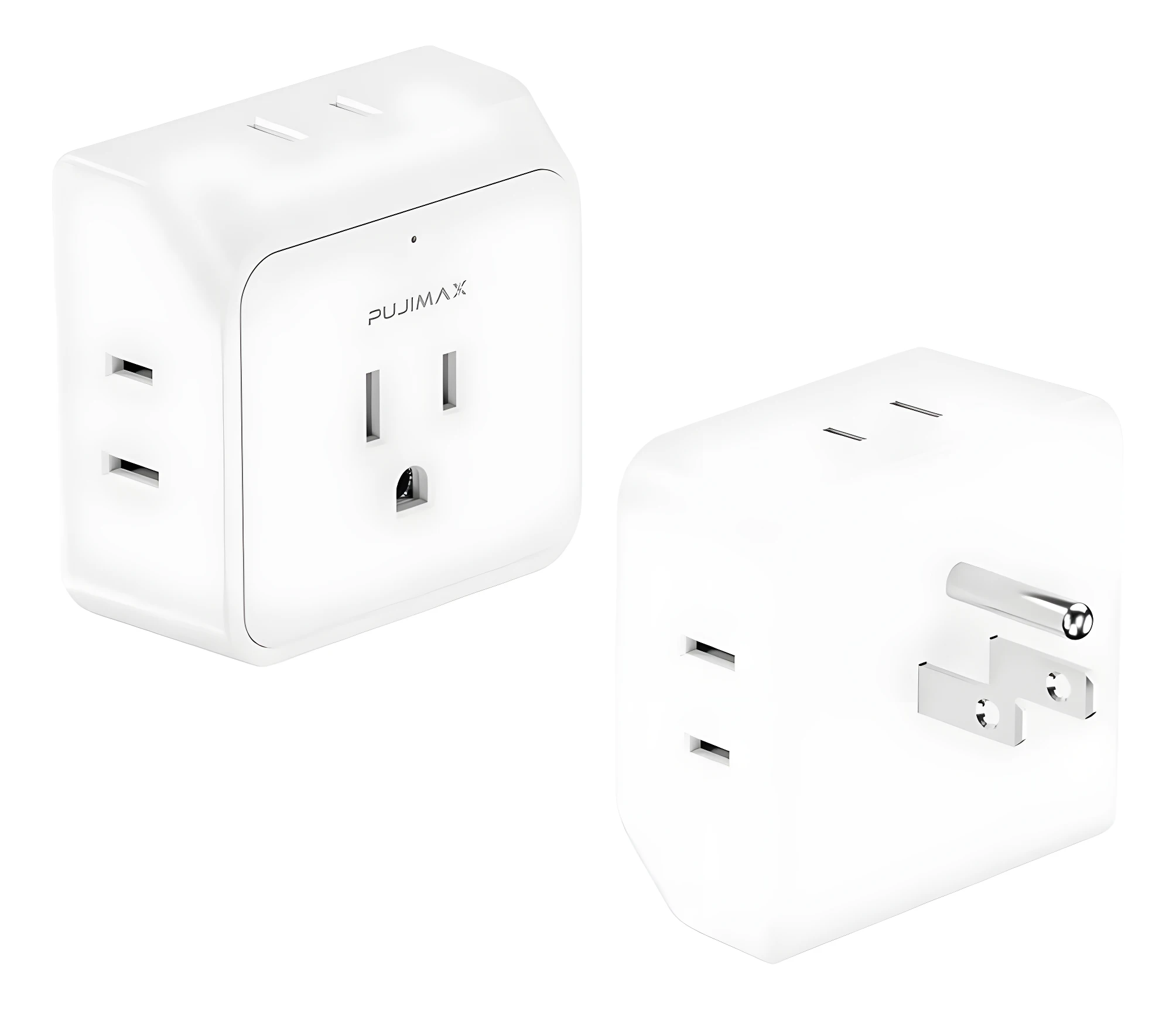 Extensor de enchufes blanco con 5 tomas, 3 laterales y 2 superiores. Diseño cúbico.