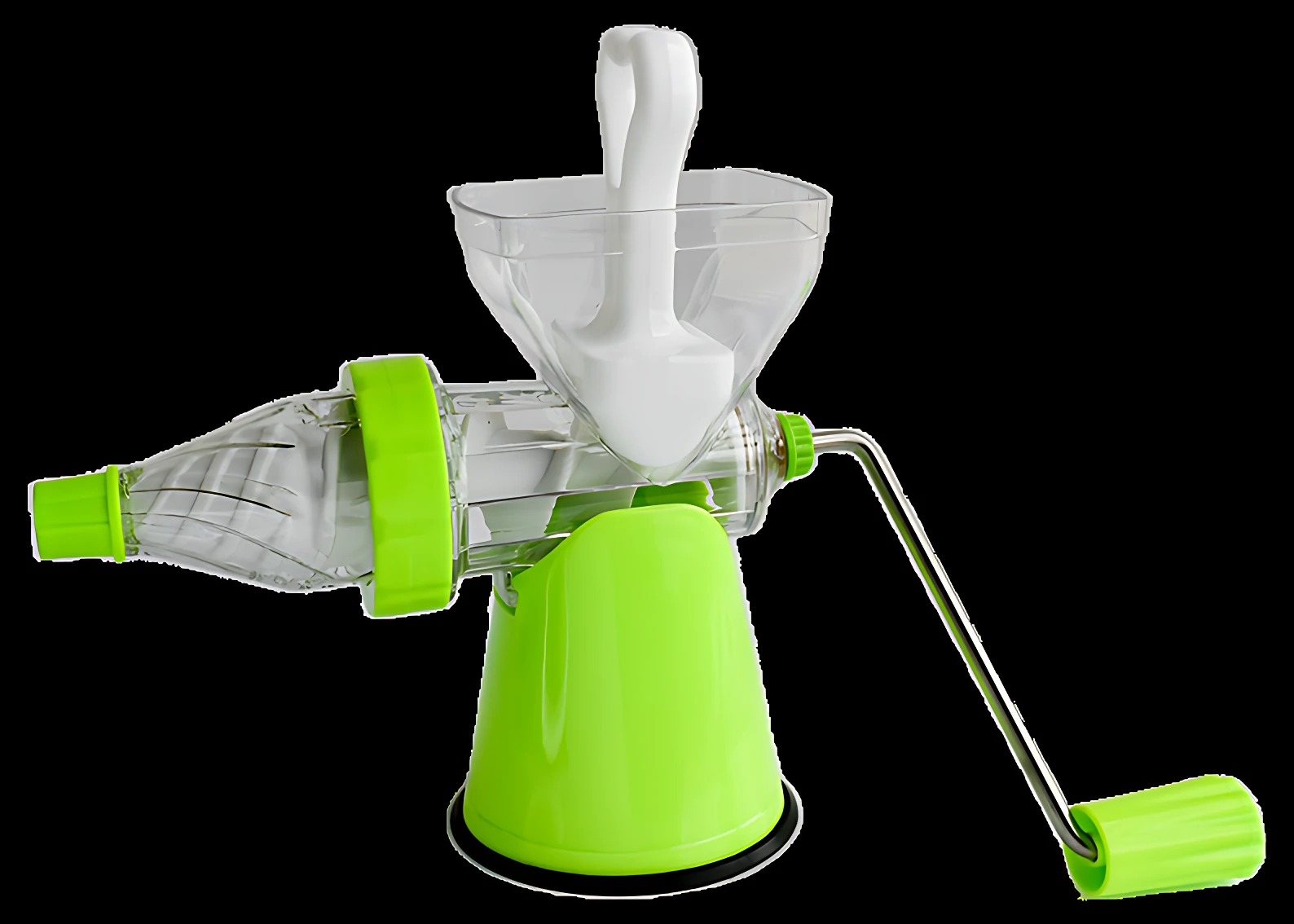 Extractor de jugos manual verde brillante con manivela y tolva transparente para frutas.