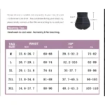 Tabla de tallas de faja control abdomen: M a 3XL, medidas en pulgadas y centímetros para cintura y cadera.